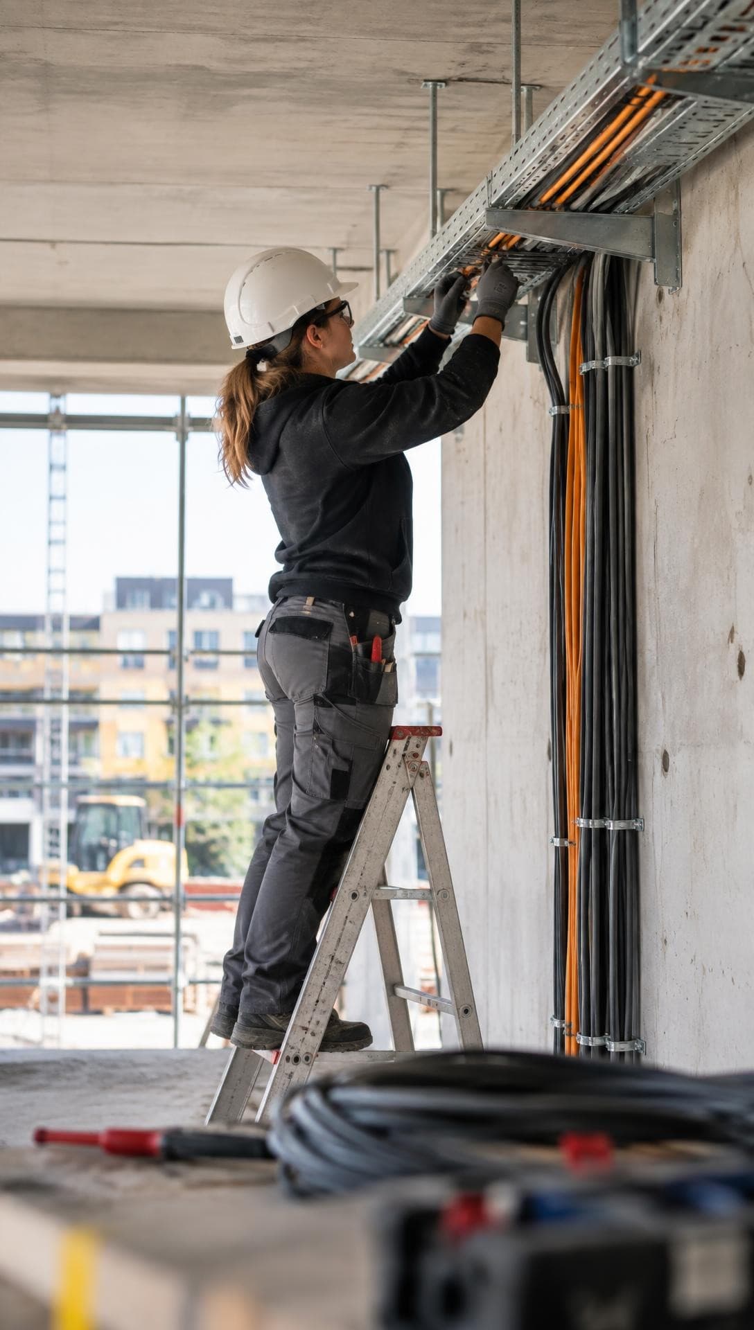 Eine Elektronikerin verlegt Leitungen und montiert eine Kabeltrasse auf einer Baustelle.